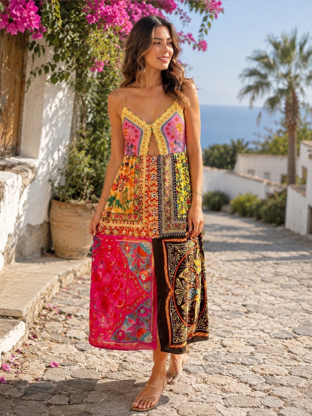 Farm Rio Multicolor Mixed Scarves Lenzing™ Ecovero™ Viscose Midi Dress